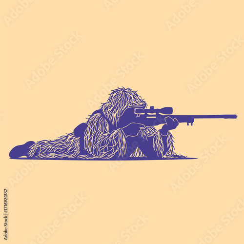 Silhouette of a sniper in camouflage lying prone aiming a scoped rifle with detailed ghillie suit design