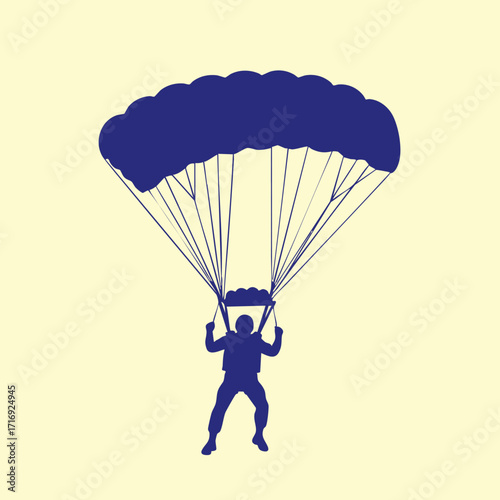 Silhouette of a person descending with a parachute in midair against a plain light background