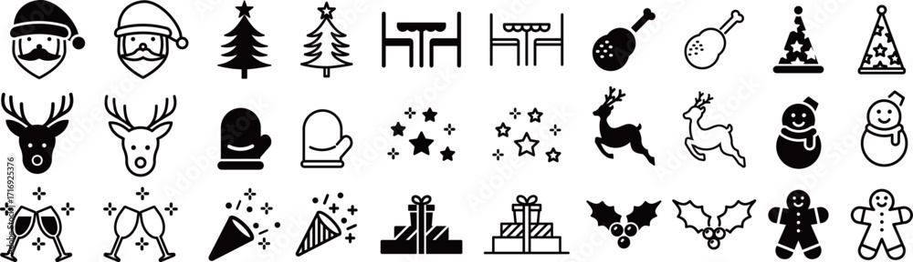 Fototapeta premium ベクターでモノクロのクリスマスのアイコンセット 