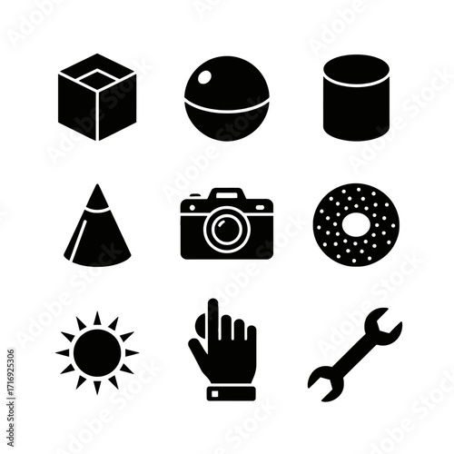 Nine Simple Black Blender-style Flat Icons on a White Background