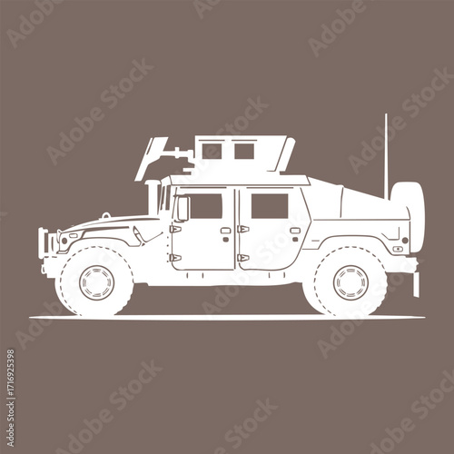 Side view of a white military armored vehicle with mounted weapon and rugged tires on a plain background
