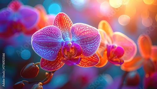 Orchid Blossom Close Up with Vibrant Petals in Detailed Macro View and Warm Bokeh Lighting