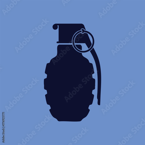Silhouette of a hand grenade with safety pin against a solid blue background representing explosive device concept