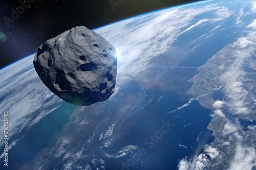 Asteroid Passing Close to Earth in Space