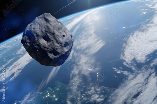 Asteroid Passing Close to Earth in Space