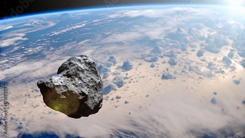 Asteroid Passing Close to Earth in Space