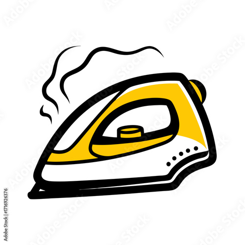 Steam iron with yellow details and steam coming out of top  