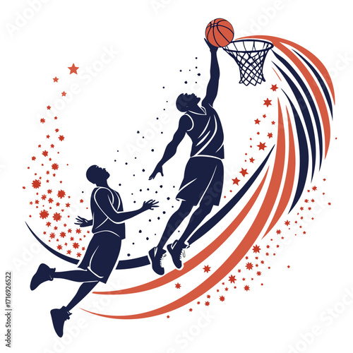 “Basketball silhouette illustration: dunking players, particle dust, splash motion, energy wave, abstract athlete design for posters, sports branding, tournaments, and energetic lifestyle concepts”