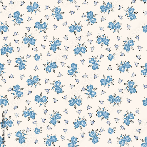 Vintage floral background. Floral pattern with small blue flowers on a ivory white background. Seamless pattern for design and fashion prints. Ditsy style. Stock vector.eps
