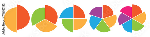 Colorful pie chart infographic for business data, marketing shares and financial analytics. 2, 3, 4, 5, and 6 parts