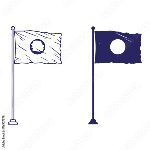 Two hand drawn vector flags with white circle inside fluttering against white background
