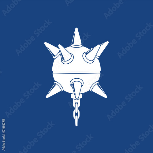White medieval spiked mace weapon icon with chain on solid blue background in flat design style