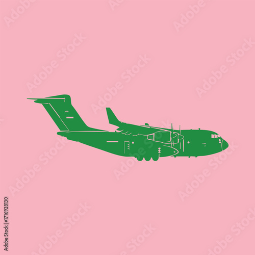Green silhouette of a large military cargo airplane with four engines flying against a solid pink background