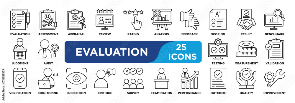 Fototapeta premium evaluation icon collection set. Containing evaluation, assessment, appraisal, review, rating, analysis and feedback icon. simple line vector.