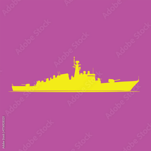 Yellow silhouette of a modern naval warship against a solid purple background in a minimalist style