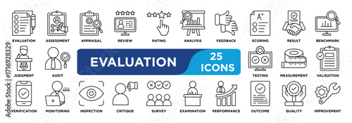 evaluation icon collection set. Containing evaluation, assessment, appraisal, review, rating, analysis and feedback icon. simple line vector.