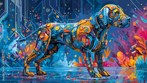 This visually stunning image showcases a sleek and vibrant robotic animal, its body composed of glowing mechanical parts. The metallic and neon hues of orange, blue, and purple, combined with digital 