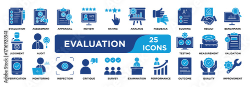 evaluation icon collection set. Containing evaluation, assessment, appraisal, review, rating, analysis and feedback icon. solid vector.