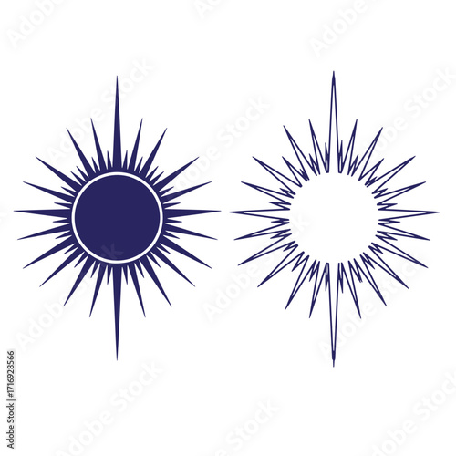 Two stylized sunbursts graphic design elements with dark blue radiating light on white background