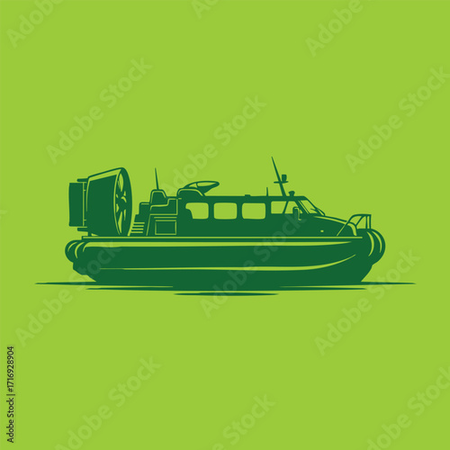 Side view illustration of a modern airboat with large fan and cabin on a green background silhouette style