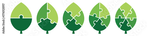 Green leaf infographic for sustainable business growth, organic process, and eco-friendly strategy. 2, 3, 4, 5, and 6 parts