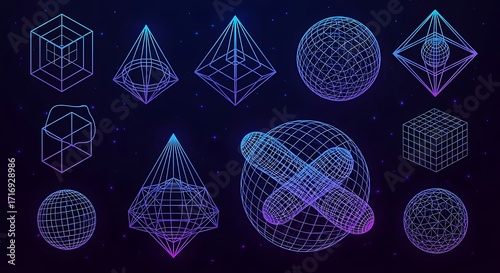Abstract geometric shapes with wireframe design and vibrant gradient glow