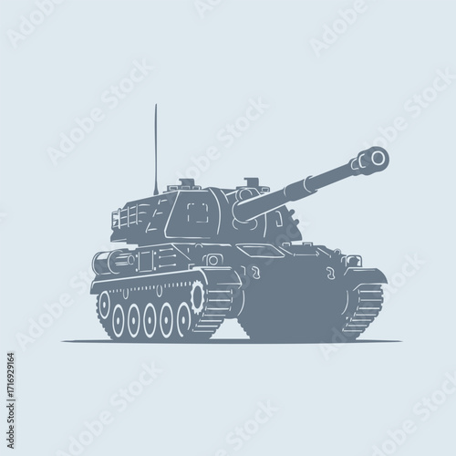 Detailed vector illustration of a military tank with a long barrel and tracked wheels in a monochrome style