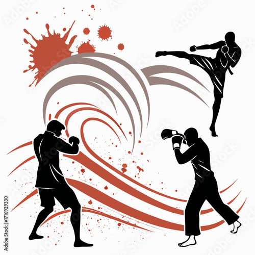 “Martial arts silhouette pack: karate, boxing, MMA fighters in action, abstract dust splash, energy wave motion design for combat sports posters, training branding, and powerful lifestyle art themes”