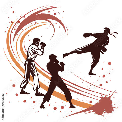“Martial arts silhouette pack: karate, boxing, MMA fighters in action, abstract dust splash, energy wave motion design for combat sports posters, training branding, and powerful lifestyle art themes”