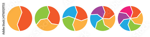 Colorful pie chart infographic for business data, marketing shares and financial analytics. 2, 3, 4, 5, and 6 parts