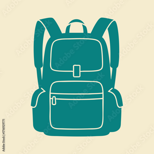 Stylized vector illustration of a teal backpack with multiple compartments and padded shoulder straps on beige background
