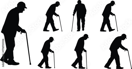 Silhouette of elderly man walking with cane, senior male figure support stick, old age health concept, aging society illustration isolated vector