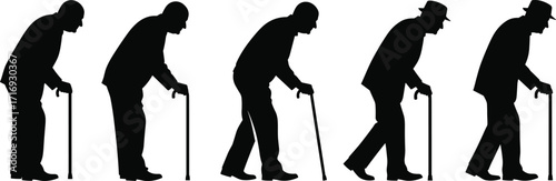 Elderly man silhouette with cane, walking posture sequence, senior health concept, aging process illustration, black and white vector, retirement lifestyle, mobility aid usage