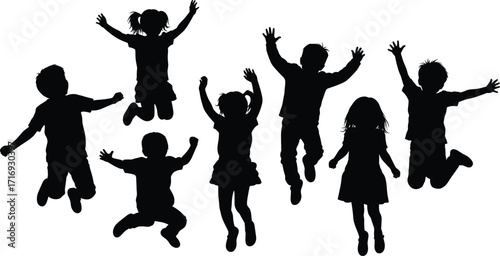 A lively group of seven children's silhouettes, jumping and celebrating with joy and energy on a bright, isolated white background.