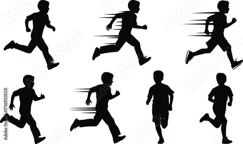 A set of six energetic boy silhouettes, running and sprinting with dynamic motion lines, illustrating speed and activity on an isolated white background.