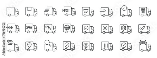Set of collection line icons related Cargo, shipping, courier, delivery. Editable stroke. Minimal style series icons