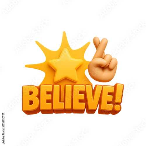 Believe text with star and fingers crossed gesture isolated on transparent background