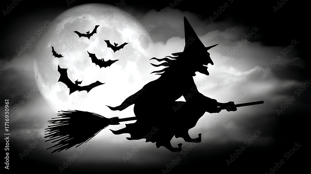 Fototapeta premium A witch is flying on a broomstick with a full moon in the background