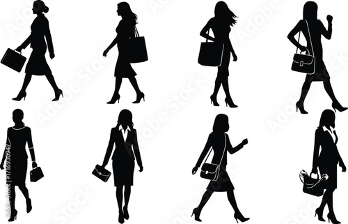 Elegant businesswoman silhouettes in formal attire, walking and carrying bags, versatile vector illustration set for corporate, professional, and career-themed designs.