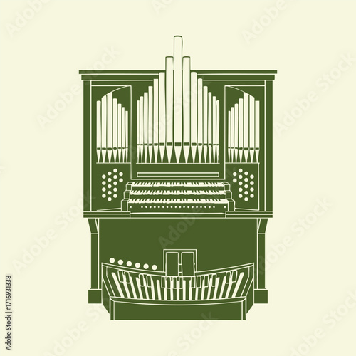 Detailed vector illustration of a classic pipe organ with multiple keyboards and numerous pipes in a vintage style