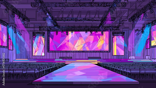 A captivating illustration of a modern fashion show venue, with vibrant lighting and bold geometric projections on the large screens. The runway is illuminated in shades of purple, pink, and blue, cre