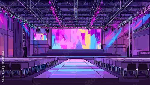 A captivating illustration of a modern fashion show venue, with vibrant lighting and bold geometric projections on the large screens. The runway is illuminated in shades of purple, pink, and blue, cre