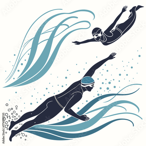 “Swimming silhouette abstract: athletes diving, freestyle, butterfly stroke, water splash particles, dynamic motion art for aquatic sports posters, training branding, fitness campaigns, and lifestyle”