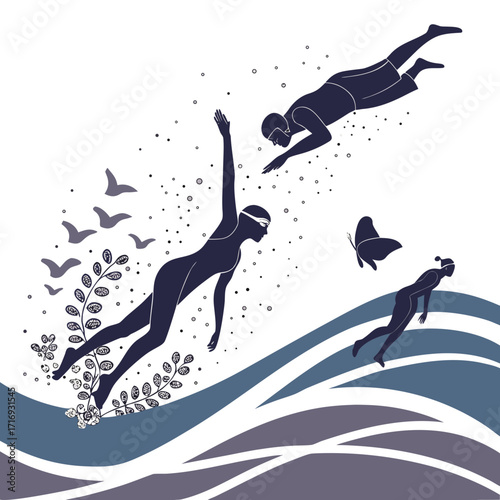 “Swimming silhouette abstract: athletes diving, freestyle, butterfly stroke, water splash particles, dynamic motion art for aquatic sports posters, training branding, fitness campaigns, and lifestyle”