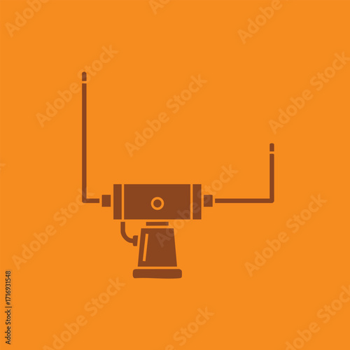 Minimalist flat icon of a weather station with antenna on a bright orange background for technology concept