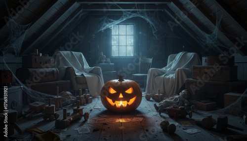 Spooky halloween scene attic photo dark atmospheric celebration