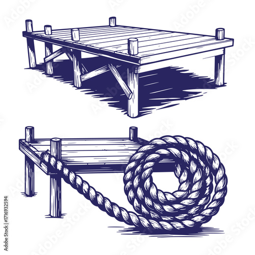 Vintage hand drawn illustration of wooden pier and nautical rope in engraved style