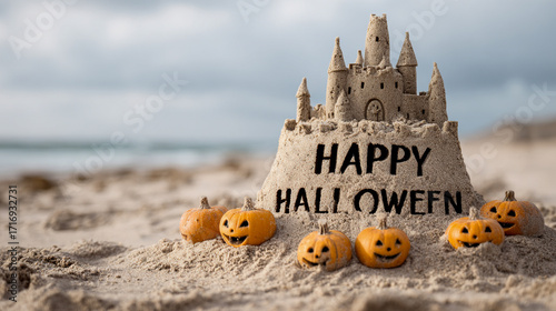 Haunted Halloween Sand Castle with Glowing Jack-o’-Lanterns by Ocean Shoreline and Misty Horizon at Night