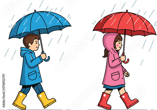 Children walking with umbrellas, kids wearing raincoats, rainy day illustration, waterproof boots, monsoon weather, childhood outdoor activity, cartoon vector drawing