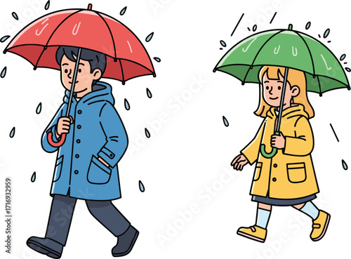 Children walking with umbrellas, kids in raincoats, rainy day vector illustration, waterproof boots, childhood fun, monsoon season, outdoor cartoon drawing